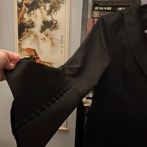 Fitted Tuxedo Dress-Bell sleeve w/button detail, asymmetrical hem